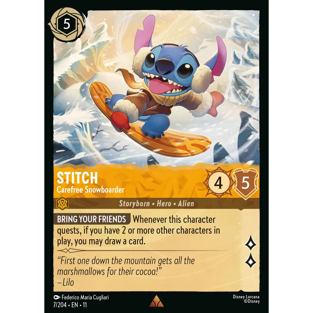 7/204 EN11 Stitch - Carefree Snowboarder Amber R Character Disney Lorcana Set 11