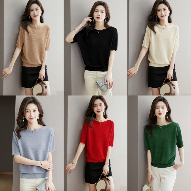 👚Anna_fashion👚 เสื้อยืดแขนสั้นถักไหมพรมสำหรับผู้หญิง One Shoulder ผ้าถักไหมน้ำแข็ง ดีไซน์แขนเสื้อทรงปีกค้างคาว 88056