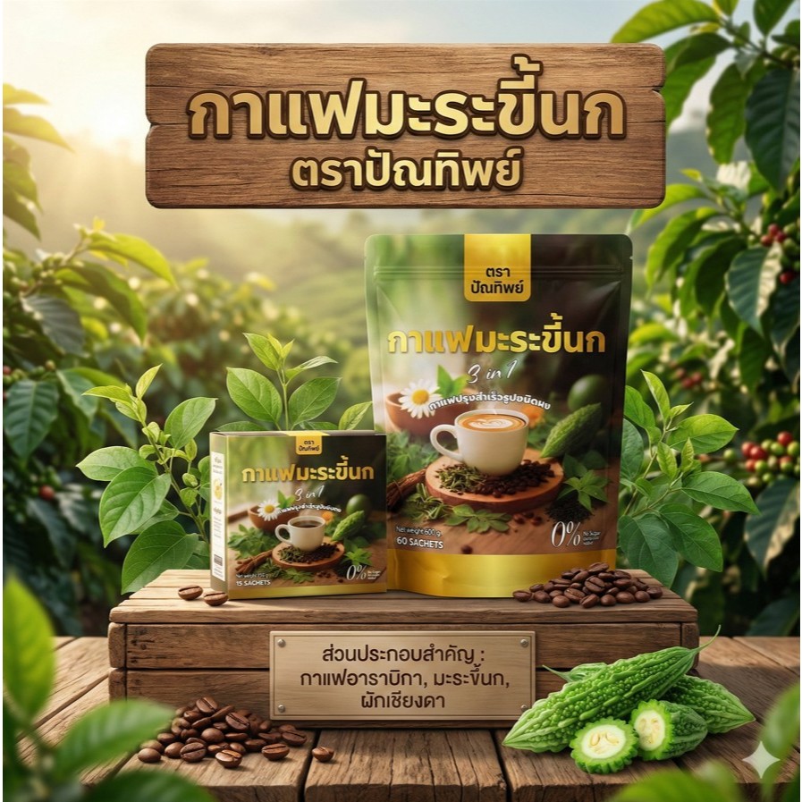 กาแฟมะระขี้นก กาแฟปรุงสำเร็จชนิดผง ไม่มีน้ำตาล คุม เบาหวาน ไขมัน ความดัน คอลเรสเตอรอล 1 กล่อง 15 ซอง