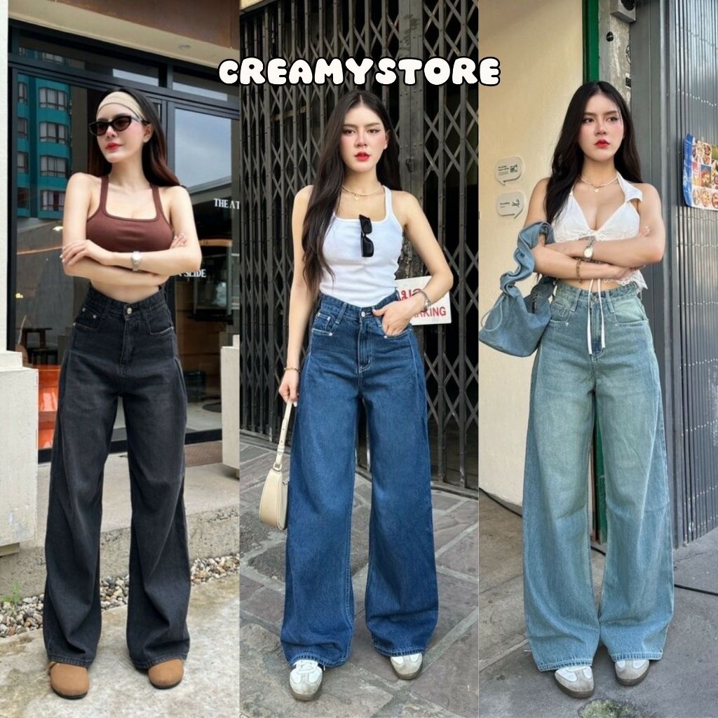CreamyStore กางเกงยีนส์ขากระบอกใหญ่ กระเป๋าเหลี่ยม ป้ายYam Jeans