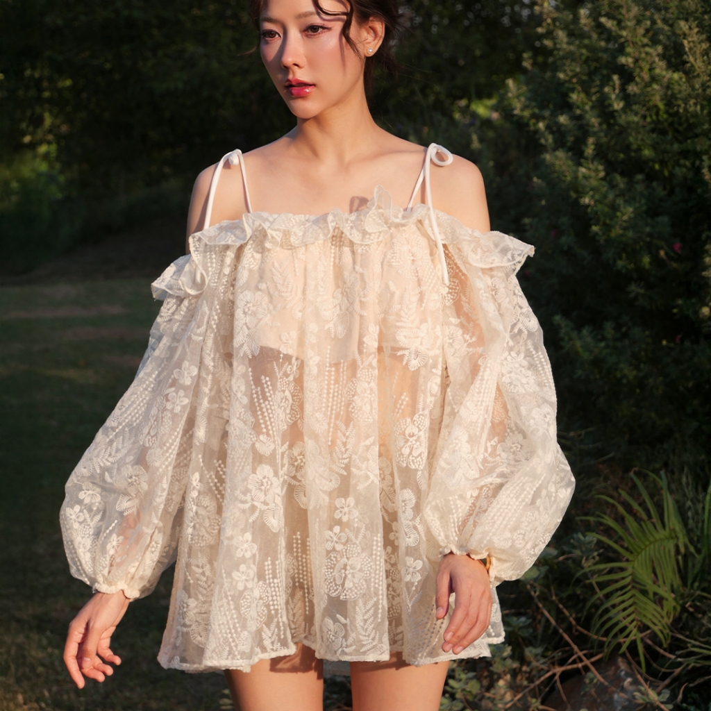 LUCA STUDIO_Alessia long top (Pre-order 30 April) - เสื้อสายเดี่ยวเปิดไหล่ ทรงBabyDoll ผ้าออแกนดี้ปักลายดอกไม้ (Ivory)