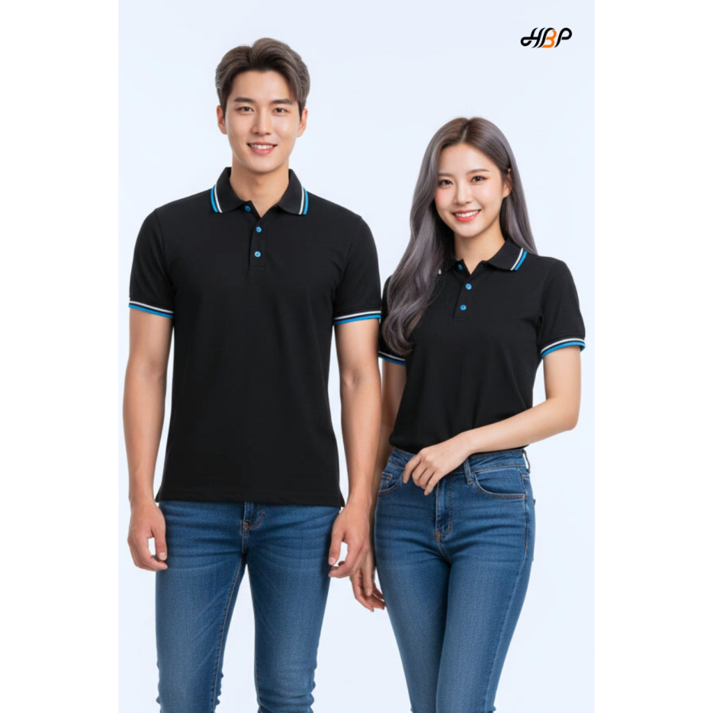 เสื้อโปโลสีดำขลิบฟ้า แขนจั้ม เนื้อผ้า TK