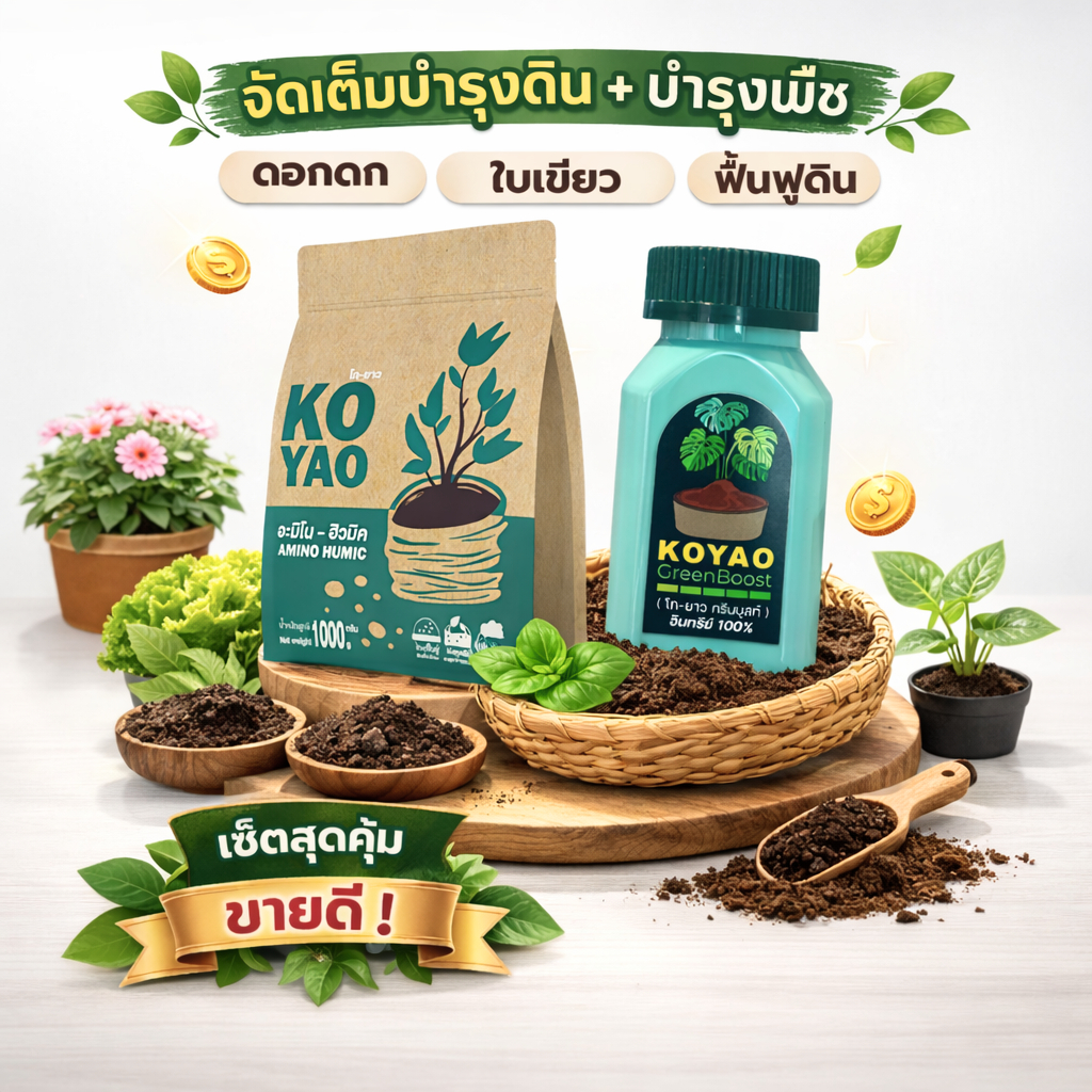เซ็ตปุ๋ยฮิวมิค + กรีนบูสท์ ป้องกันโรคใบเหลือง เหี่ยวเฉา ขาดธาตุอาหาร รากเน่า บำรุงดิน เร่งแตกยอดใหม่