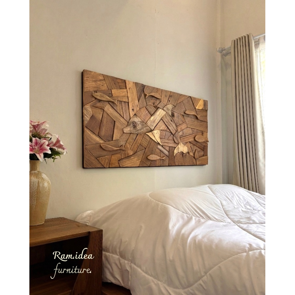 แผ่นไม้ติดผนัง จากเศษไม้สัก ขนาด : 60 x 120 x 2 cm.