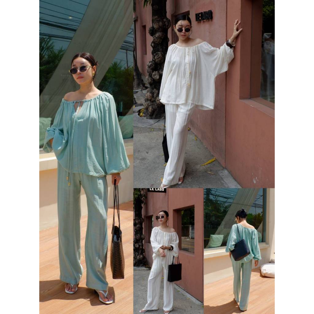 •DAISYSHOP• DSS 8446 SET เสื้อคอรูด& กางเกงขายาวน่ารักมาก  เสื้อเป็นคอรูดด้านหน้าแต่งโบว์แขนยาว