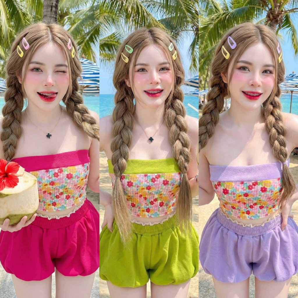 Set 2 ชิ้น เสื้อเกาะอก + กางเกงขาสั้น (S95)