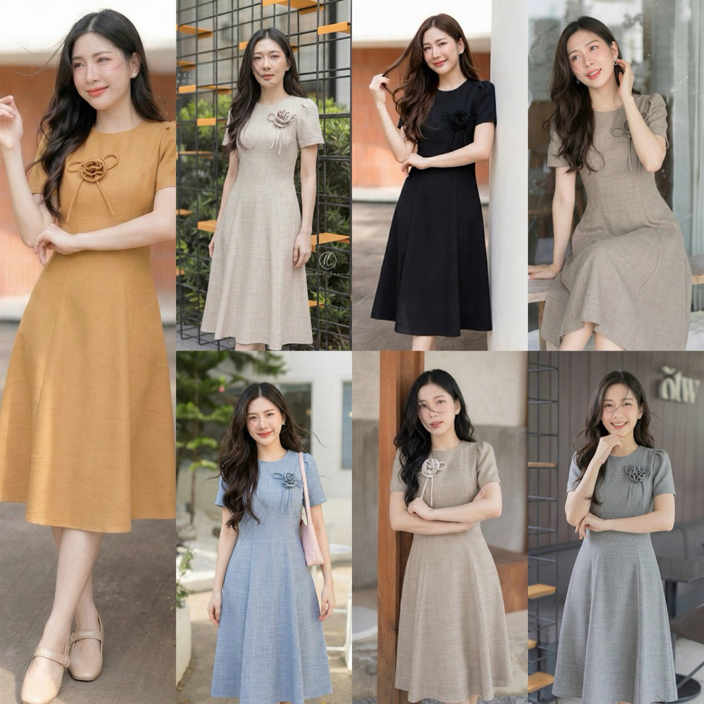 [Mabel brand] Z08 เดรสผ้าฟลอร่า คอกลม ย้วย 7 ชิ้น ยาว42