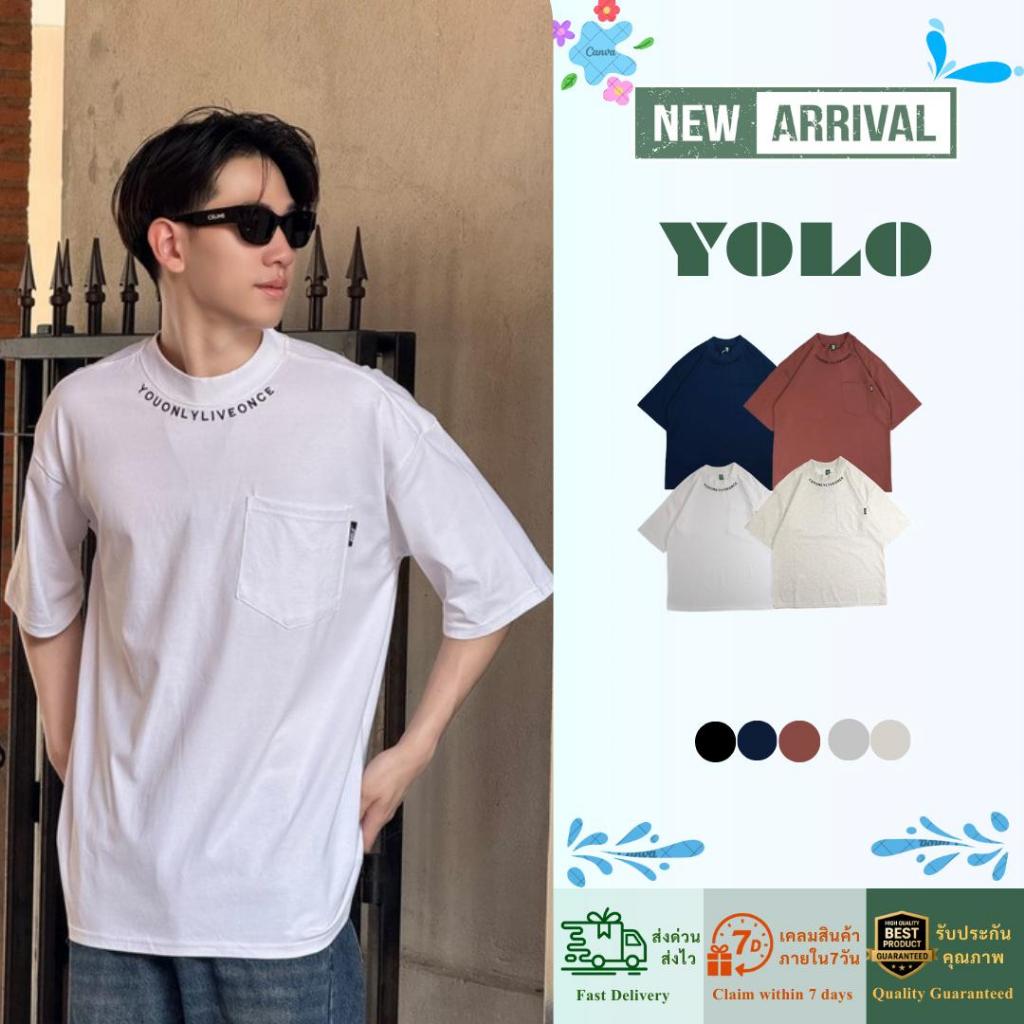YOLO เสื้อยืด OVERSIZE เสื้อยืดแขนสั้น คอกลม แขนสั้น สีพื้น ลายปัก Y2364