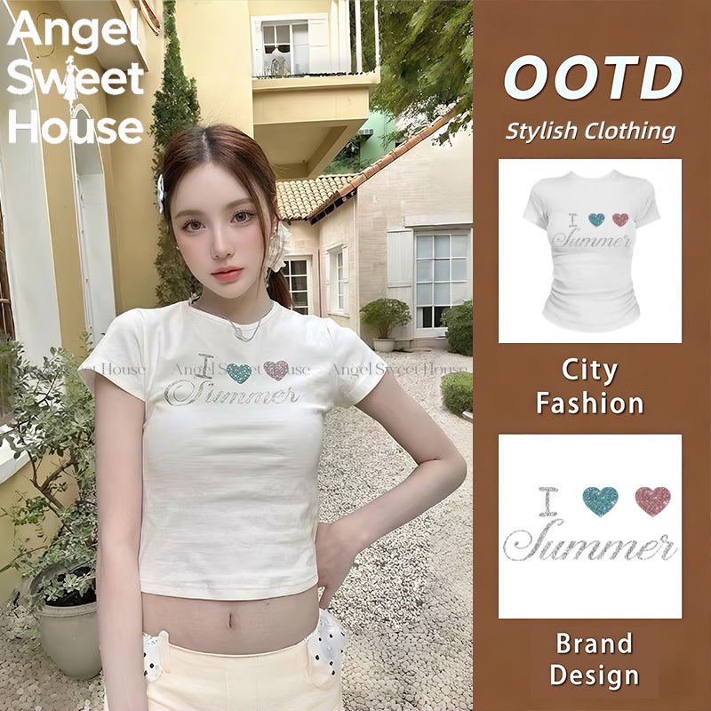 (จัดส่งตลอด 24 ชั่วโมง）Angle Official Baby Tee, เรียบง่ายและมีสไตล์ Heart&Letter เสื้อยืดแขนสั้นลายกราฟฟิก