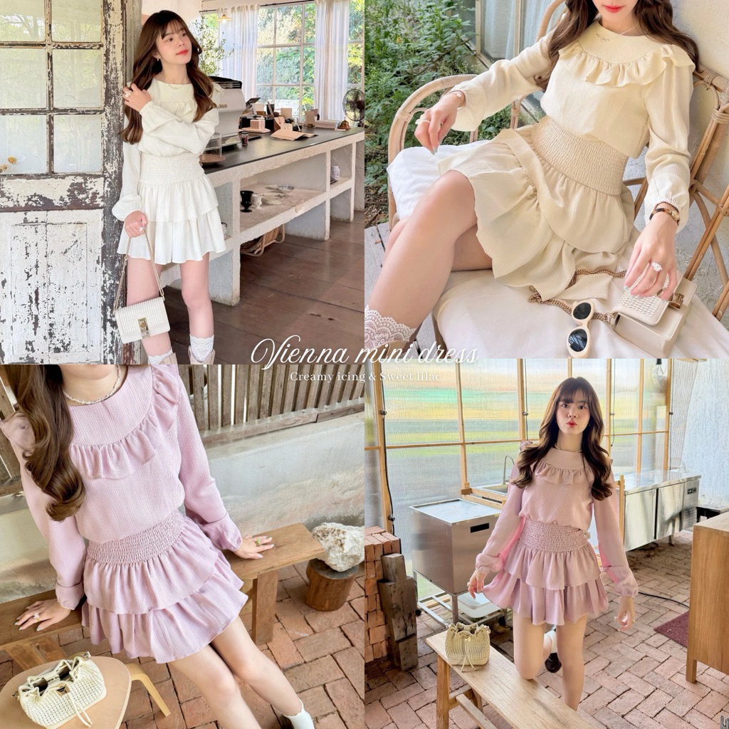 (aunaunn.official) Vienna mini dress – เดรสสั้นแขนยาว เอวสม็อค กระโปรงระบาย 2 ชั้น
