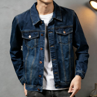 เสื้อแจ็คเก็ตยีนส์ผู้ชายสไตล์ล้ำสมัยผ้ายีนส์คุณภาพสูงสีพื้นเ…