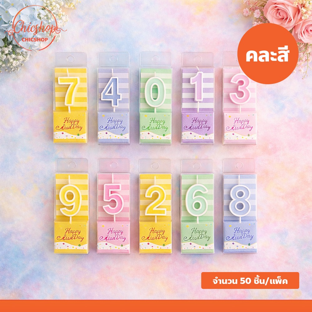 เทียนตัวเลข 0-9 สีพาสเทล คละสี (50 ชิ้น/แพ็ค) เทียนวันเกิด Happy Birthday สำหรับปักเค้ก