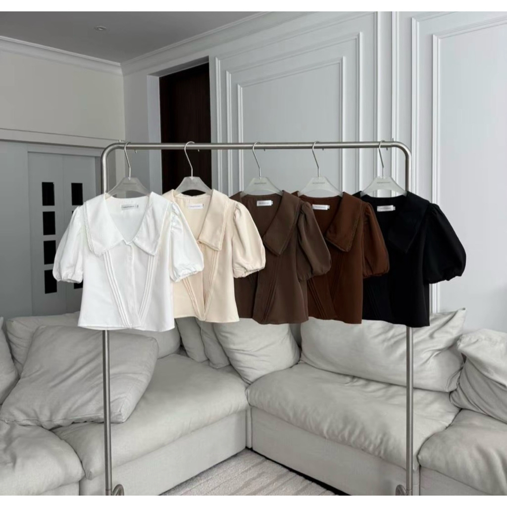 PROMTHONG BKK : Miley Blouse puff เสือคอปกแขนตุ๊กตา แต่งขอบลูกไม้ สีครีม L (new)