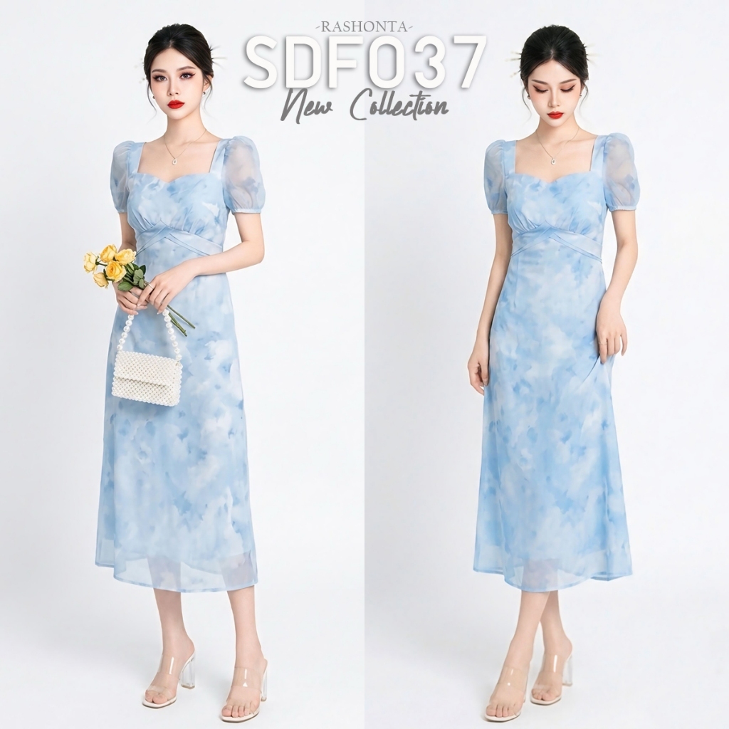 SDF037 : ชุดเดรสยาวแขนตุ๊กตา ผ้าชีฟอง คอหัวใจ ทรงหลวมๆ กระโปรงบาน