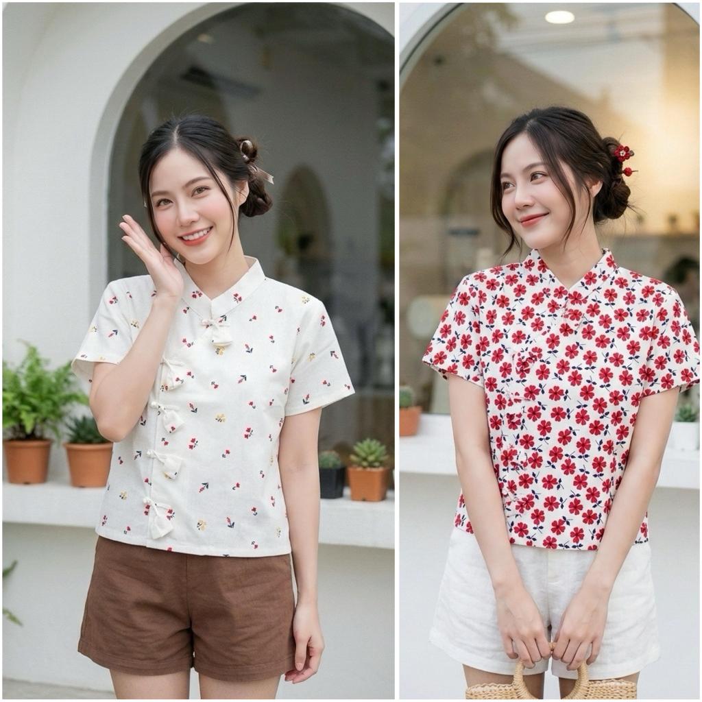 เสื้อลายดอก กระดุมดอกทิวลิป ผ้าฝ้ายลายดอก ใส่เที่ยวหน้าร้อน