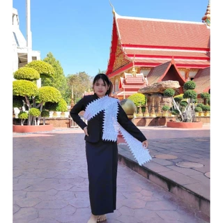 สไบสีขาวโอ​โม่​ ผ้าลูกไม้ปักทั้งผืน 14ซม.x210​ซม.