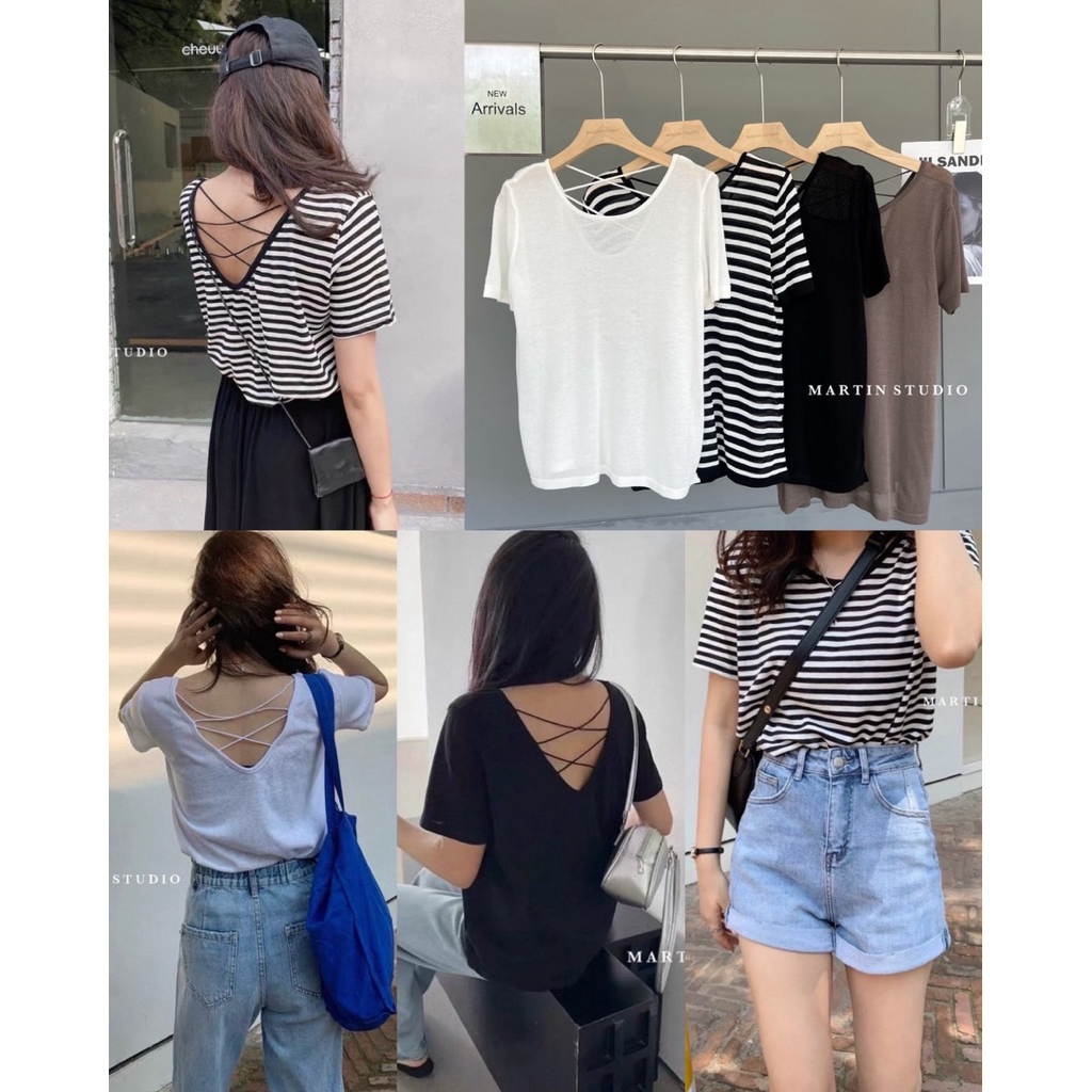 เสื้อไหมพรม แขนสั้นดีเทลสายไขว้หลัง