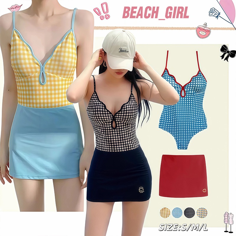 🫧beach girl🫧ชุดว่ายน้ำวันพีช ลายทาง/ลายตารางหมากรุก มีหลายสีให้เลือก ชุดว่ายน้ำ แฟชั่นใหม่ คุณภาพสูง swim