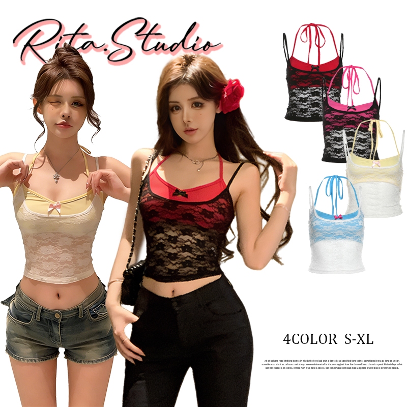 Rita พร้อมส่ง🍒เสื้อสายเดี่ยวลูกไม้ เสื้อSet2ชิ้น ทรางรัดรูป เสื้อครอปท็อป ติดโปว์ Y2k เซ็กซี่แฟชั่นผู้หญิง สไตล์คล้องคอ