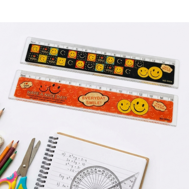📏(แพ็ค 12 ชิ้น)📏ไม้บรรทัดพลาสติกลาย Happy Smile  ขนาด15 ซม. น่ารัก หลากสี คละสี ✨