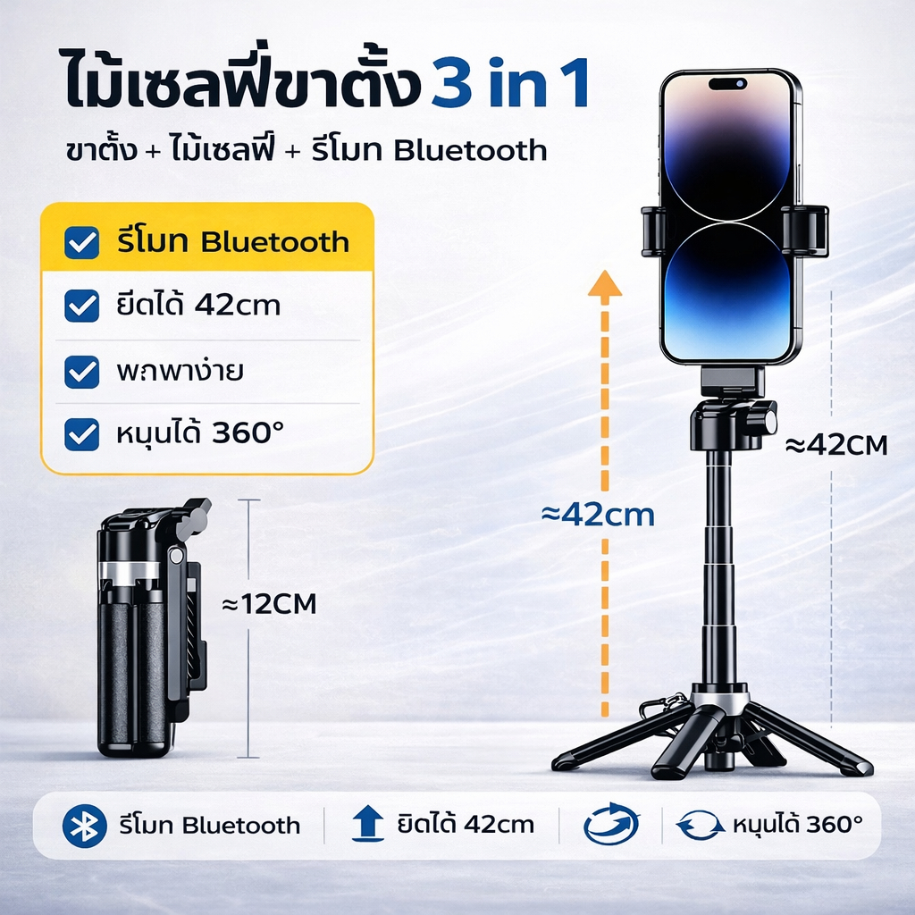ไม้เซลฟี่ 3in1 ขาตั้งโทรศัพท์ Selfie Stick รีโมทบลูทูธในตัว ไฟ LED ขยายได้ สำหรับ Vlog