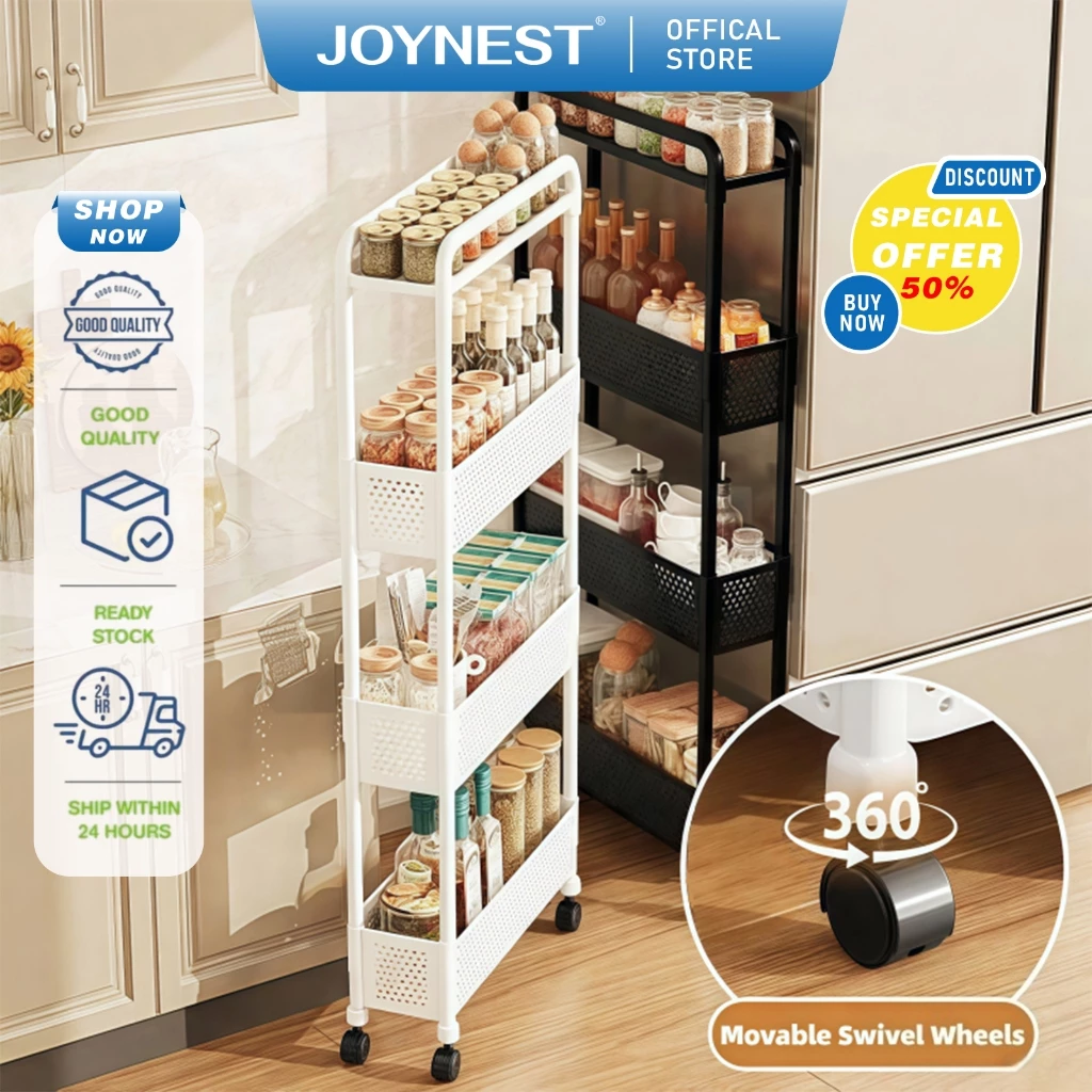 JOYNEST ชั้นวางของแบบมีช่องว่าง 3/4 ชั้น เคลื่อนย้ายได้พร้อมล้อ ชั้นวางของ ช่องว่าง ครัว ชั้นเก็บของ