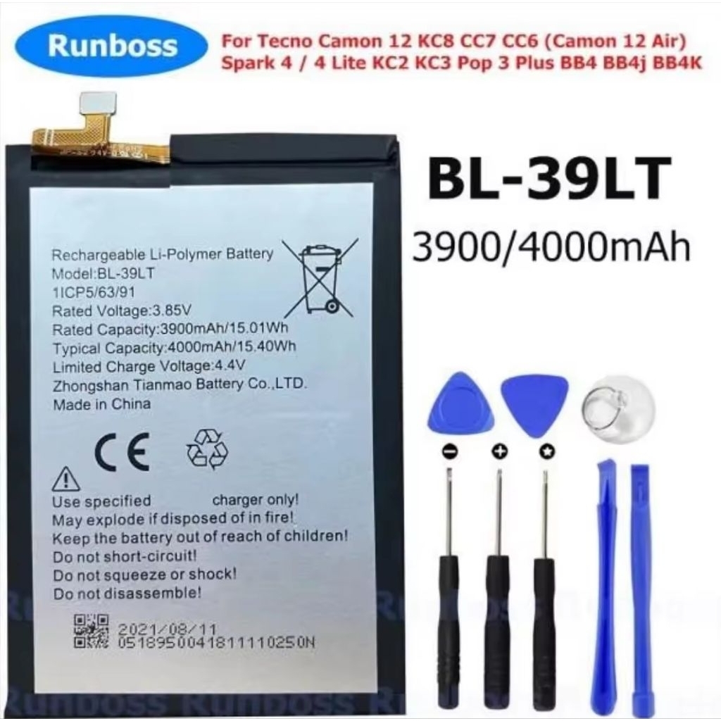 แบตเตอรี่ Tecno Spark 4 Camon 12 CC7 KC2 battery BL-39LT 4000mAh รับประกัน 3 เดือน