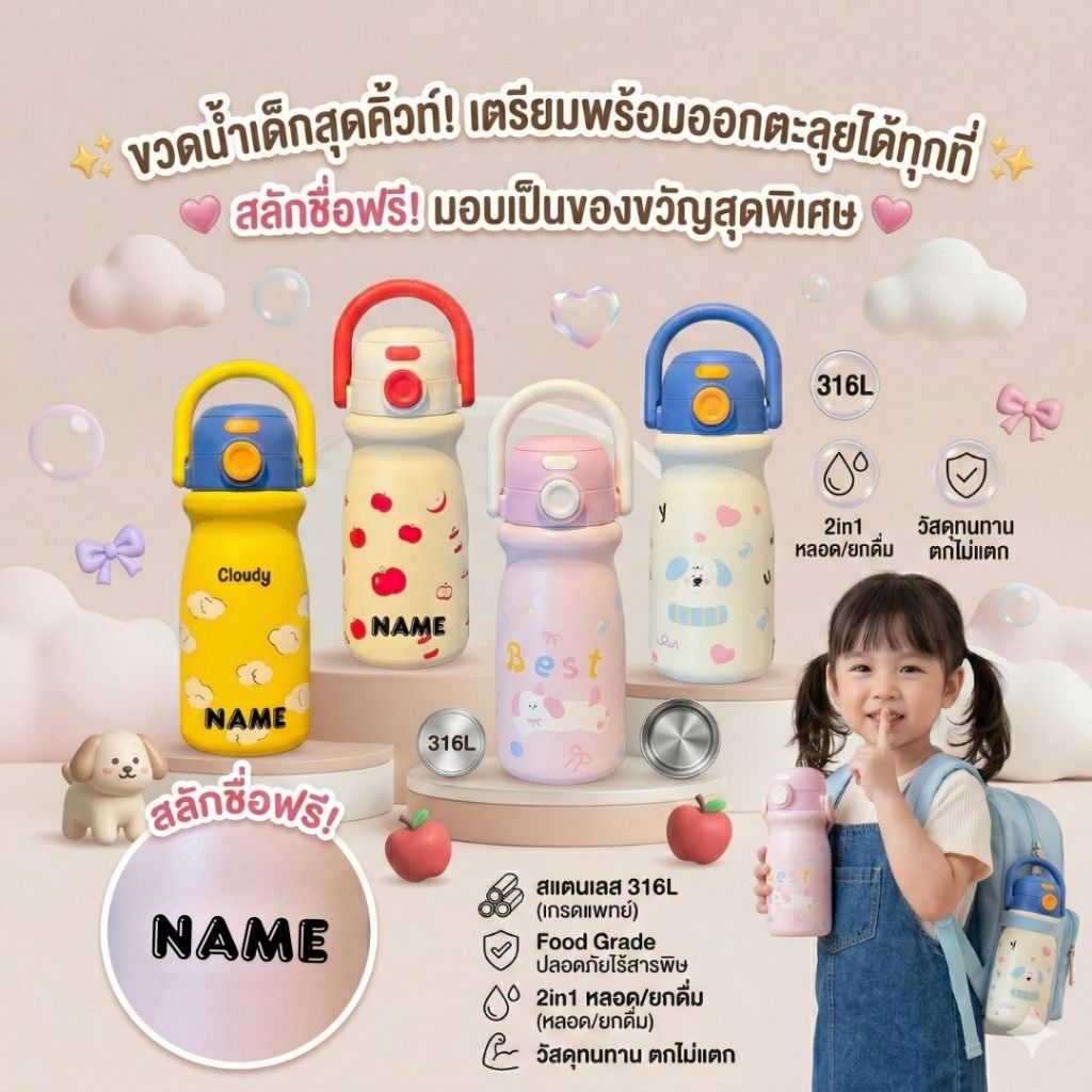 กระบอกน้ำเก็บอุณหภูมิติดชื่อฟรี ขวดน้ำ ขนาด 520ml เก็บร้อนเย็น 6–12 ชม. สแตนเลส 316 แบบพกพา น่ารักมาก! 🌈✨
