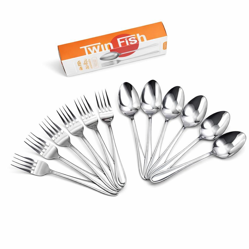 6คู่ ช้อนส้อมสแตนเลส หนา 2.0 มิล.สแตนเลสแข็งแรง เนียนเงาสวย ไม่คม TwinFishรหัส24-45