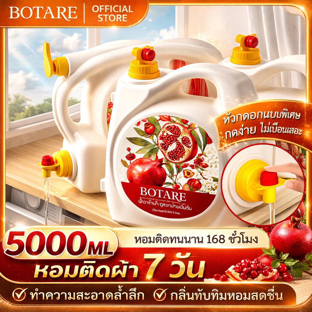 【5KG】Botare น้ำยาซักผ้ากลิ่นทับทิม สูตรเข้มข้น หอมติดทนนาน ขจัดคราบล้ำลึก ฟองน้อย ล้างออกง่าย 5000ml