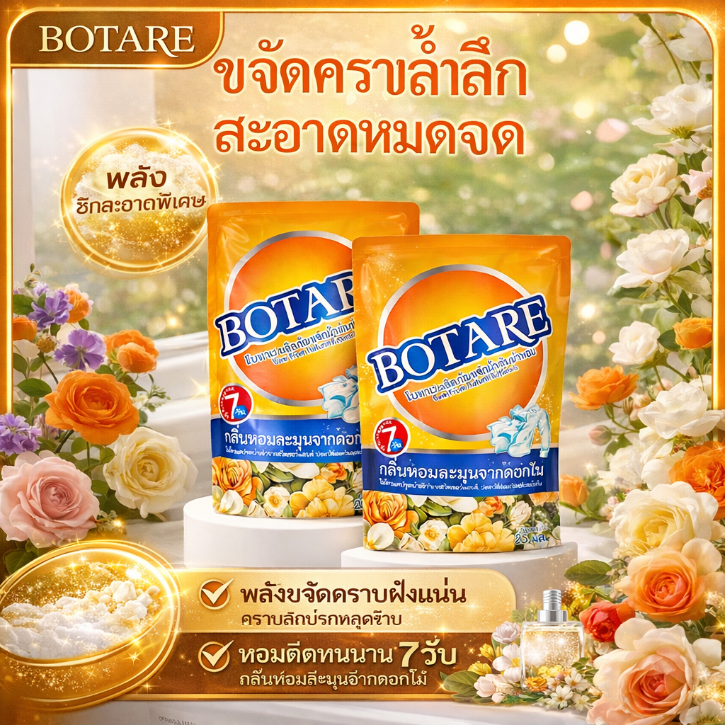【36 ซอง】Botare น้ำยาซักผ้าแบบซอง กลิ่นน้ำหอม สูตรเข้มข้น หอมติดทนนาน ขจัดคราบล้ำลึก ฟองน้อย