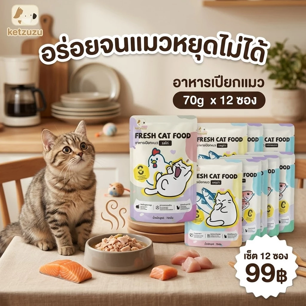 【COD】(ยกโหล) Ketzuzu อาหารเปียกแมว พรีเมี่ยมเนื้อบด คละรสได้ (12 ซอง) 70g