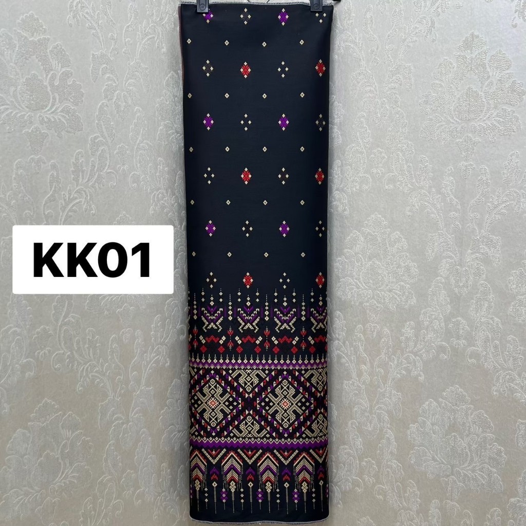 KK01 ผ้าไหมแกมฝ้าย ทอลาย แพรวาตีนจก ดอกลอย สีดำ ขนาด 2 หลา