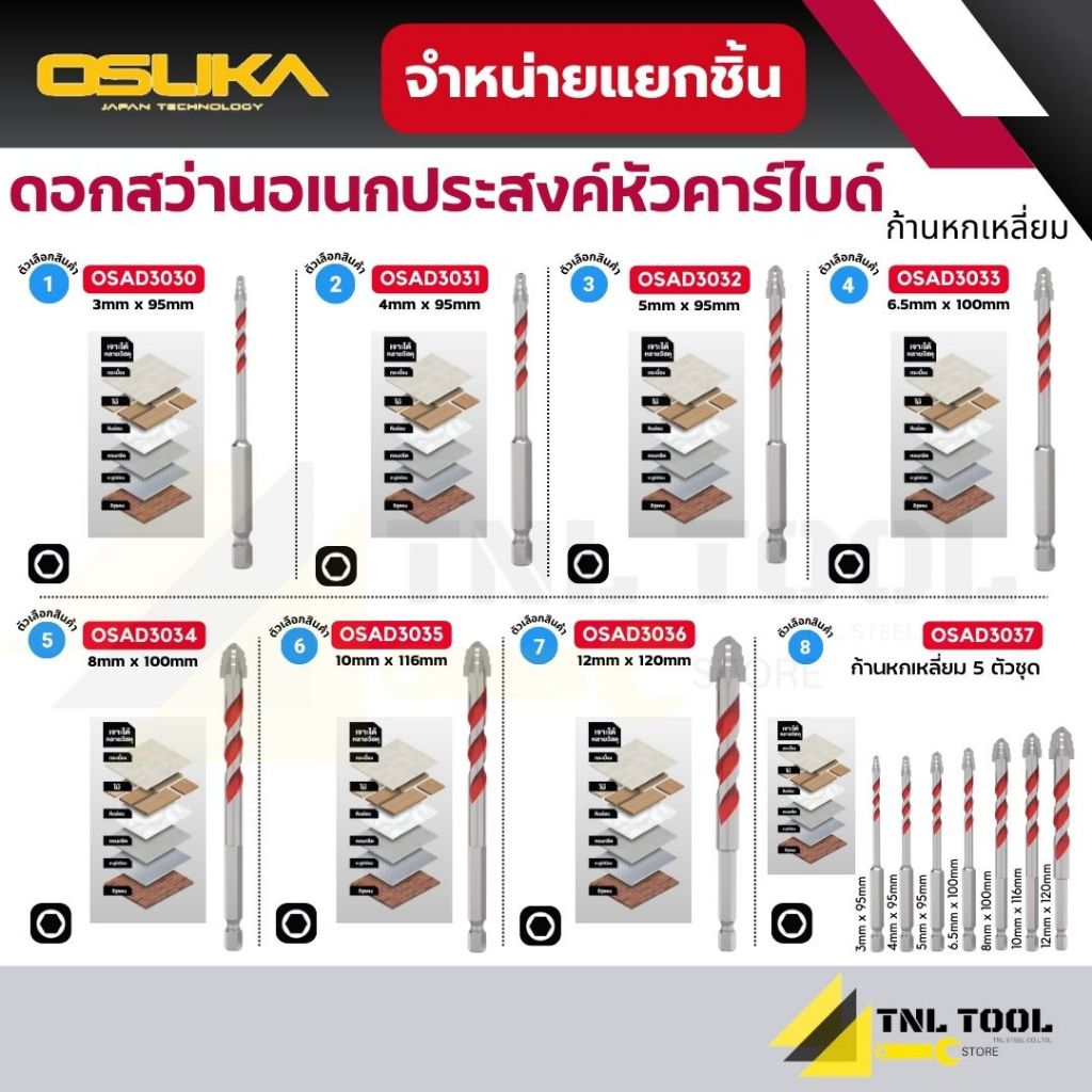 ดอกสว่านอเนกประสงค์หัวคาร์ไบด์ ก้านหกเหลี่ยม ขนาด 3mm-12mm ( รุ่น OSAD3030 - OSAD3037 ) OSUKA