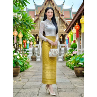 ผ้าถุงลายไทย ผ้ายืดสกินนี่ เอวยืด ลายอุตรดิตถ์ แบบสวมใส่ได้เลย ไม่มีซิป ไม่มีตะขอ เอวไม่สมอค