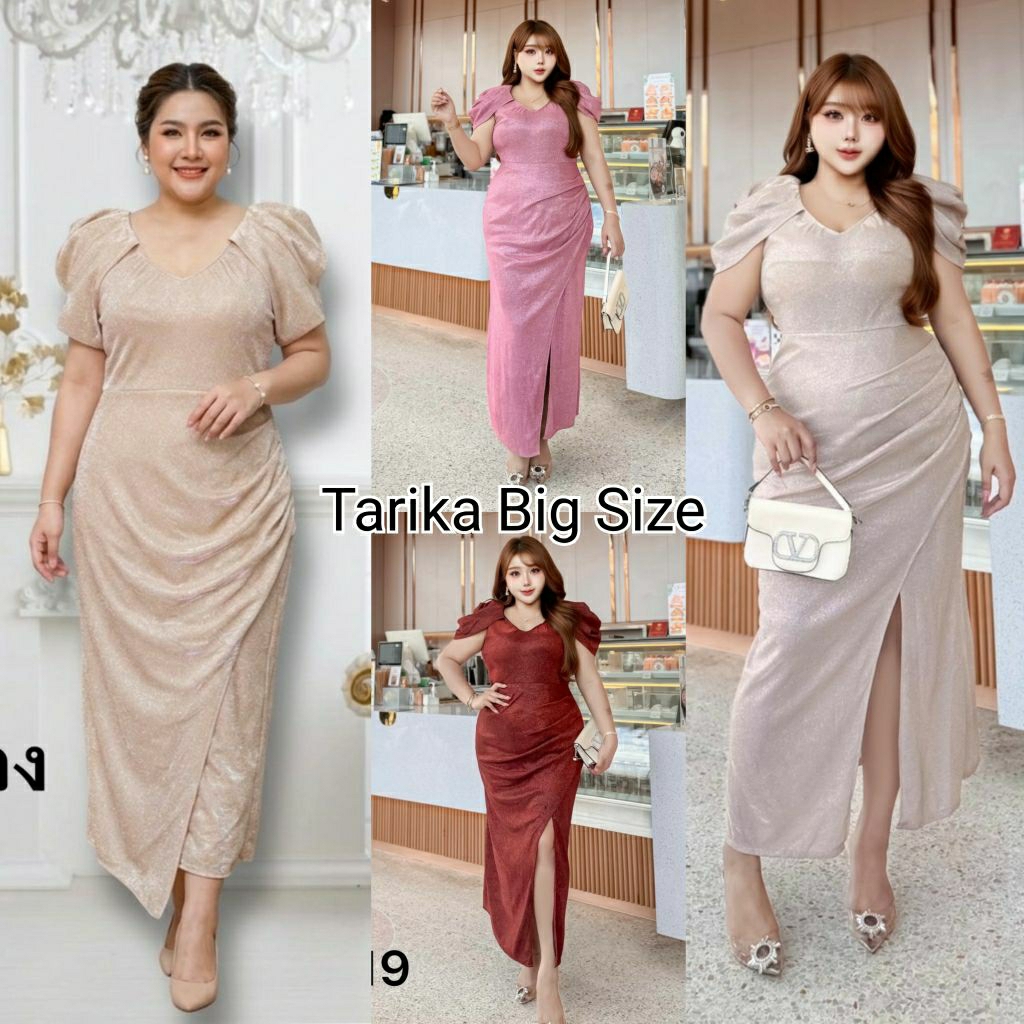 ชุดออกงาน แขนจีบระบาย คอวีลึก อก 42-48" ชุดเจ้าสาว plus size สาวอวบ อ้วน ผ้ากลิตเตอร์ยืด กากเพชร