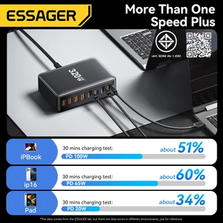 Essager 320W 4 USB-C+4 USB-A เครื่องชาร์จตั้งโต๊ะ GaN เหมาะสำหรับอุปกรณ์หลายเครื่อง