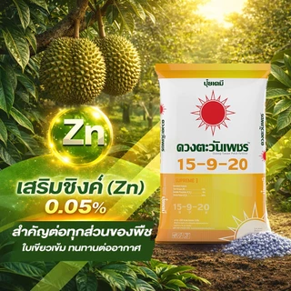 ปุ๋ยคอมปาวด์ 15-9-20 ขนาด 25 กก. ผสม Biostimulant Zn, B จากธรรมชาติ บำรุงผล เร่งขนาดน้ำหนักของผล