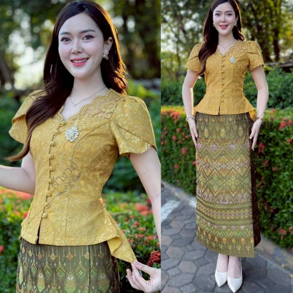 พร้อมส่ง  💓💓💓💓เสื้อลูกไม้  เสื้อลูกไม้อิตาลี่อัดกาว เสื้อลูกไม้ระบาย  ซิปหลัง    แต่งกระดุมหน้า   ✅ผ้าถุงแบบป้ายสำเร็จรู