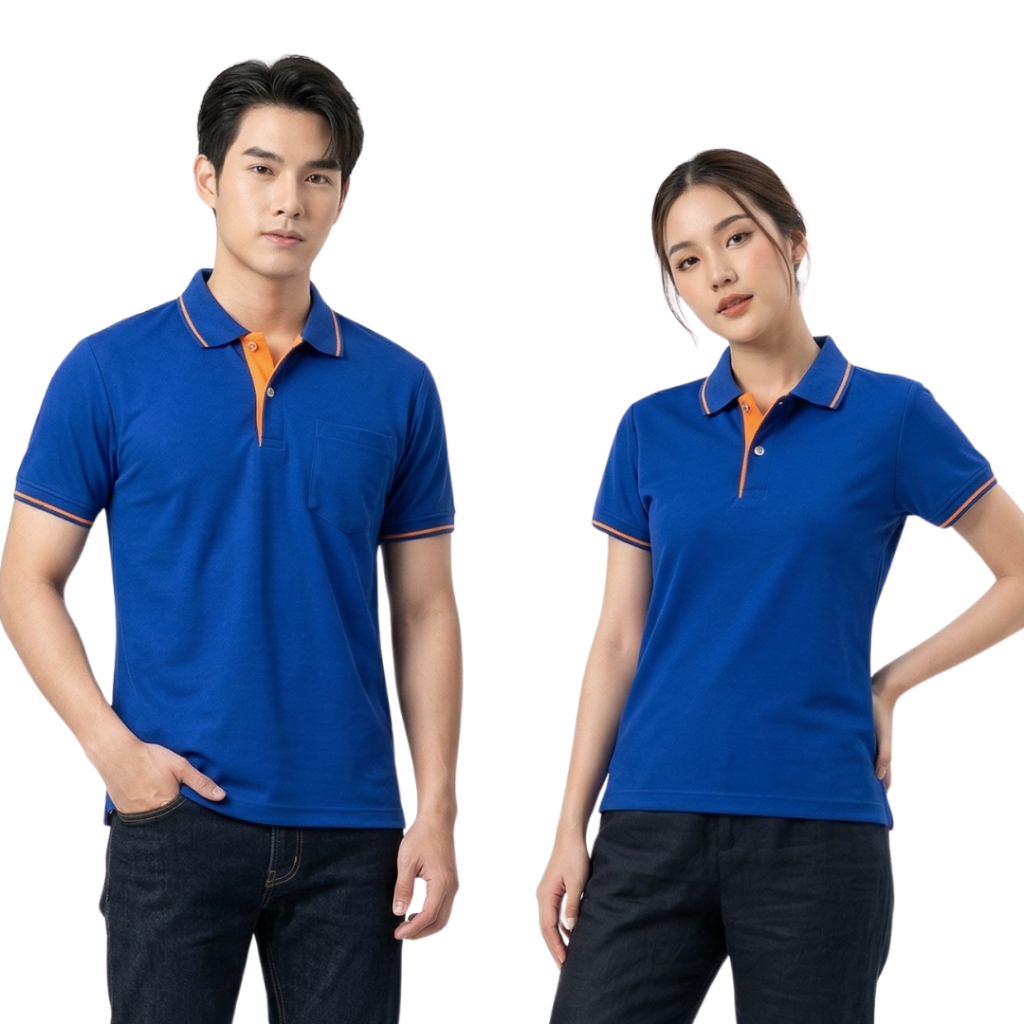 เสื้ือโปโลสีน้ำเงิน ปกริ้วส้ม polopeak