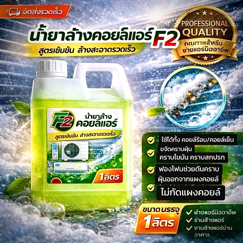 F2 น้ำยาล้างคอยล์แอร์ ล้างได้ทั้งแอร์บ้านแอร์รถยนต์คอยล์ร้อนคอยล์เย็นใบพัดลมโพรงกระรอกไม่มีส่วนผสมขอ