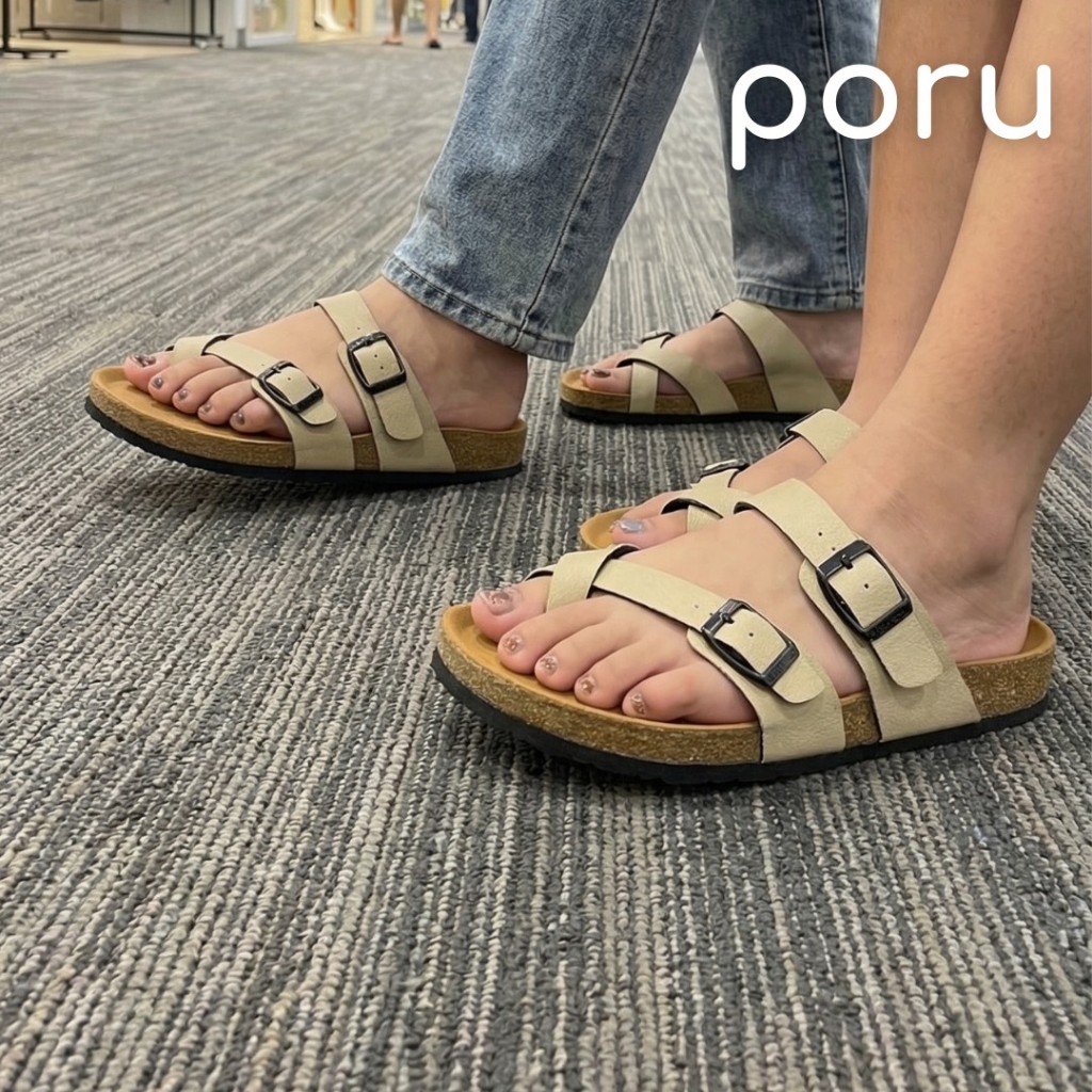 [ส่งฟรี]PORU รองเท้าแฟชั่นผู้หญิง ไบเก้น ดีไซน์ 2 เข็มขัด หนัง PU พรีเมียม นุ่ม สวมสบาย สไตล์มินิมอล ไซส์ 36-40