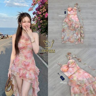 Arisara ชุดเดรสงานพิมพ์ลาย สายแต่งดอกไม้3D ชายระบาย