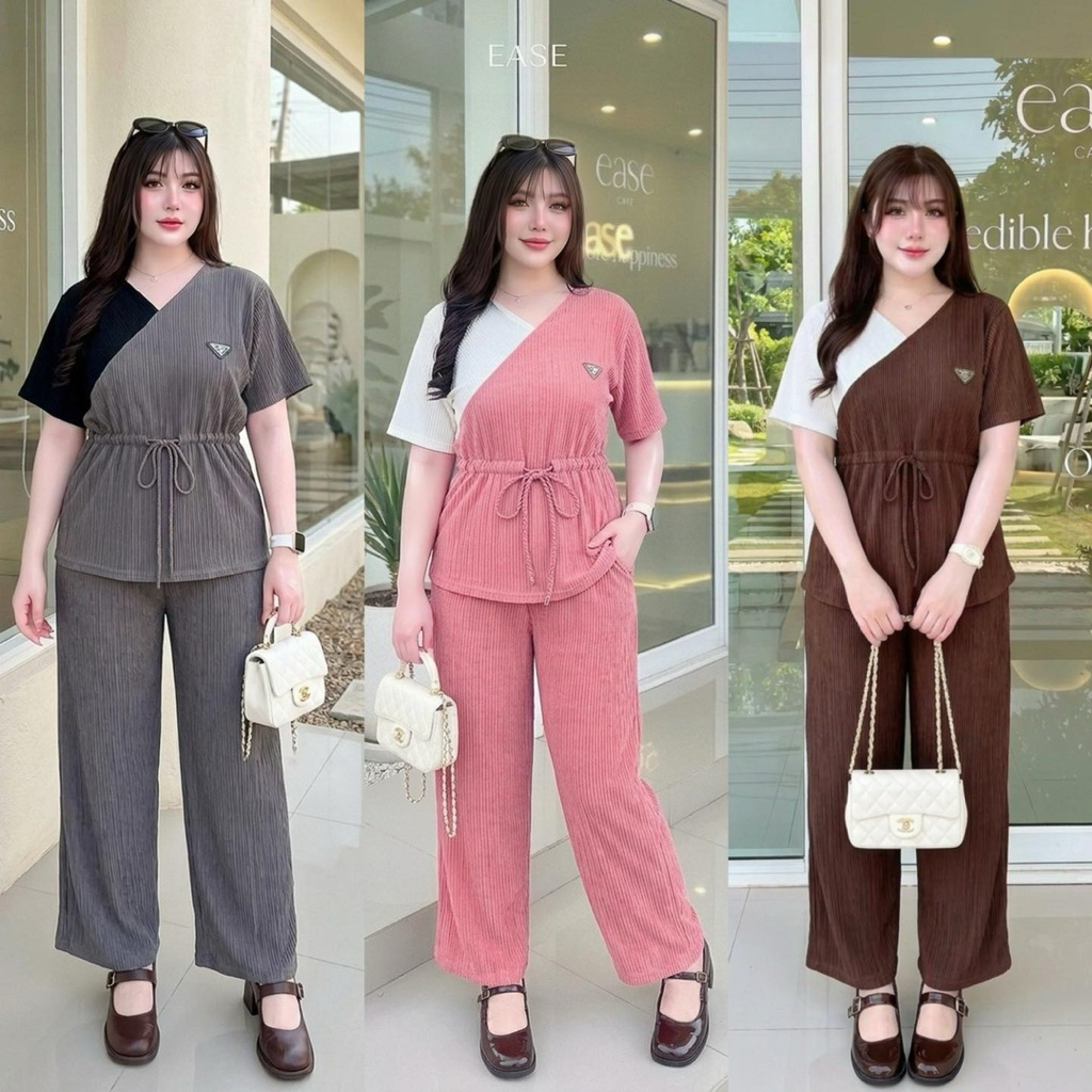 ชุดเซ็ตขายาว ทูโทนคอวี รูดเอว ผ้านิ่มยืด ใส่พรางหุ่น ไซส์ใหญ่สำหรับสาวอวบอ้วน