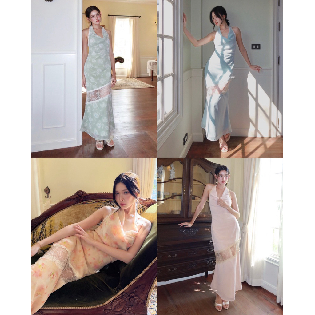 เดรสผ้าชีฟองคล้องคอพริ้วๆ ดีเทลตัดต่อชายกระโปรงลูกไม้