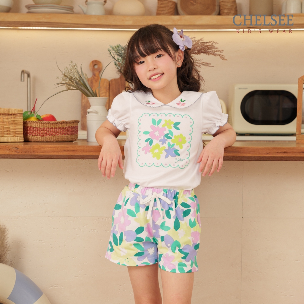 Chelsee เสื้อยืดปกบัวมน กางเกงขาสั้น ลายดอกไม้ ผ้า 100%Cotton เด็กผู้หญิง อายุ 1.5-10ปี เสื้อผ้าเด็กโต รุ่น238250/238251