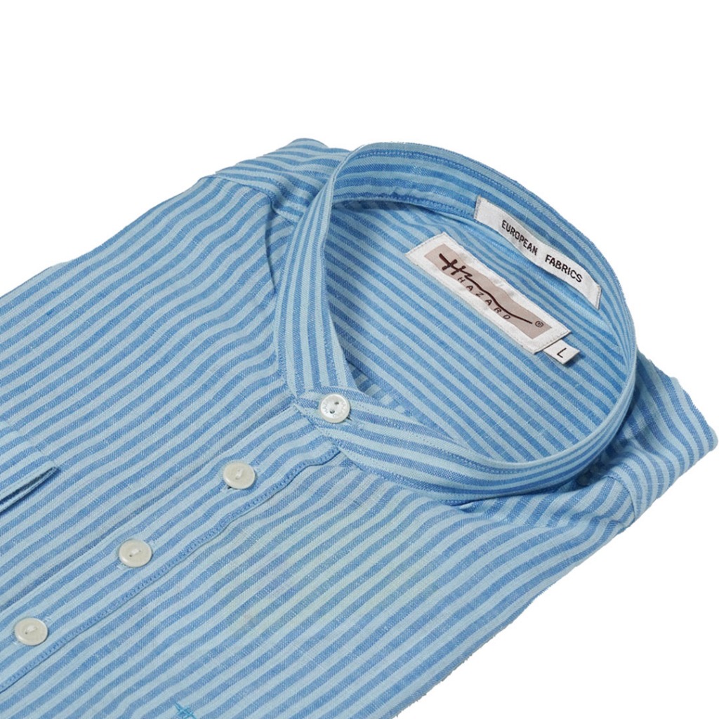 Hazard เสื้อเชิ้ตทำงานคอจีนแขนยาวลายทาง ผ้า Linen(ลินิน) สีฟ้าอ่อน