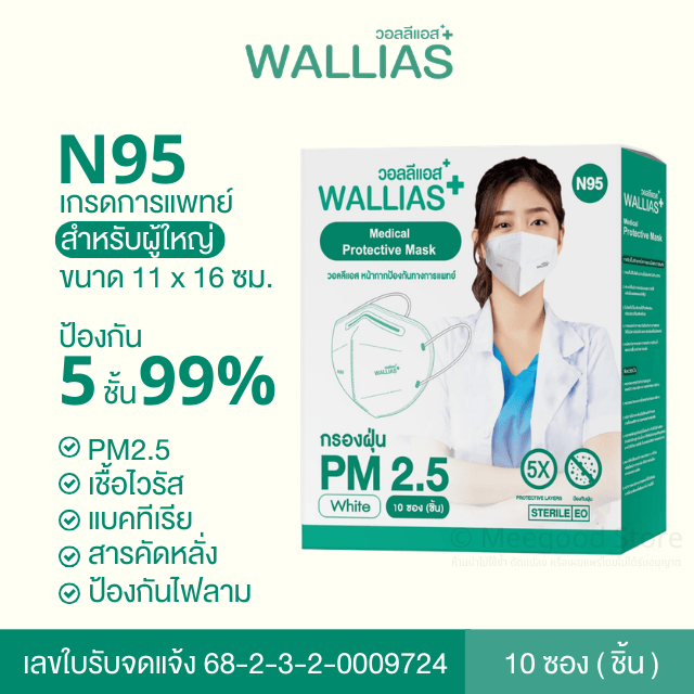 🔥มีส่งด่วนในกทม.🔥Wallias N95 (สีขาว) 10 ชิ้น หน้ากากอนามัย N95 สำหรับเด็ก และผู้ใหญ่  ป้องกันPM 2.5
