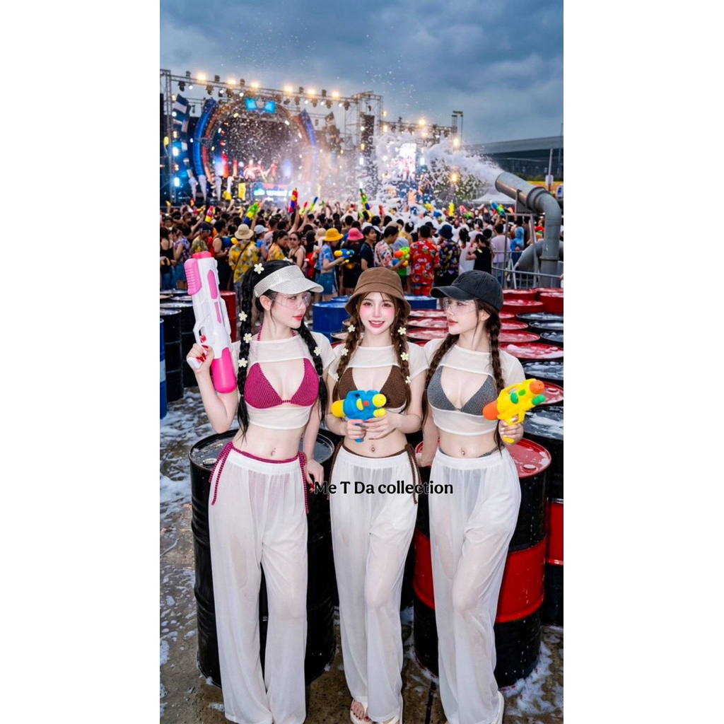 set 4ชิ้นสุดคุ้ม บราแถมเสื้อคลุม มาพร้อมกางเกงขายาว Sexy พร้อมเปียกแบบลูกคุณหนูสงกรานต์