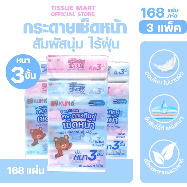 (LIVE)[เซท 3 แพค] KUMA กระดาษทิชชู่เช็ดหน้า คุมะ ห่อละ 168แผ่น หนา3ชั้น แพค 5ห่อ เช็ดหน้า